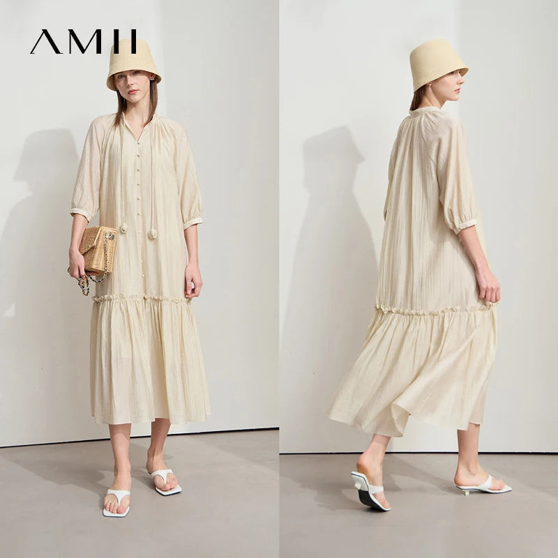 រ៉ូបការិយាល័យ AMII Minimalist សម្រាប់ស្ត្រីឆ្នាំ ២០២៦ រដូវក្តៅថ្មីដៃខ្លីក V រ៉ូបរឹងជ្រួញសម្រាប់ស្ត្រី ១២៥៤២១០៥