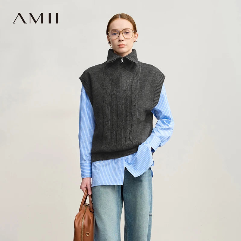 AMII Women's Sweater 2026 Winter New Minimalist Commuter Solid Versatile Loose Pullover Knitted Sleeveless Vest Women 12524121