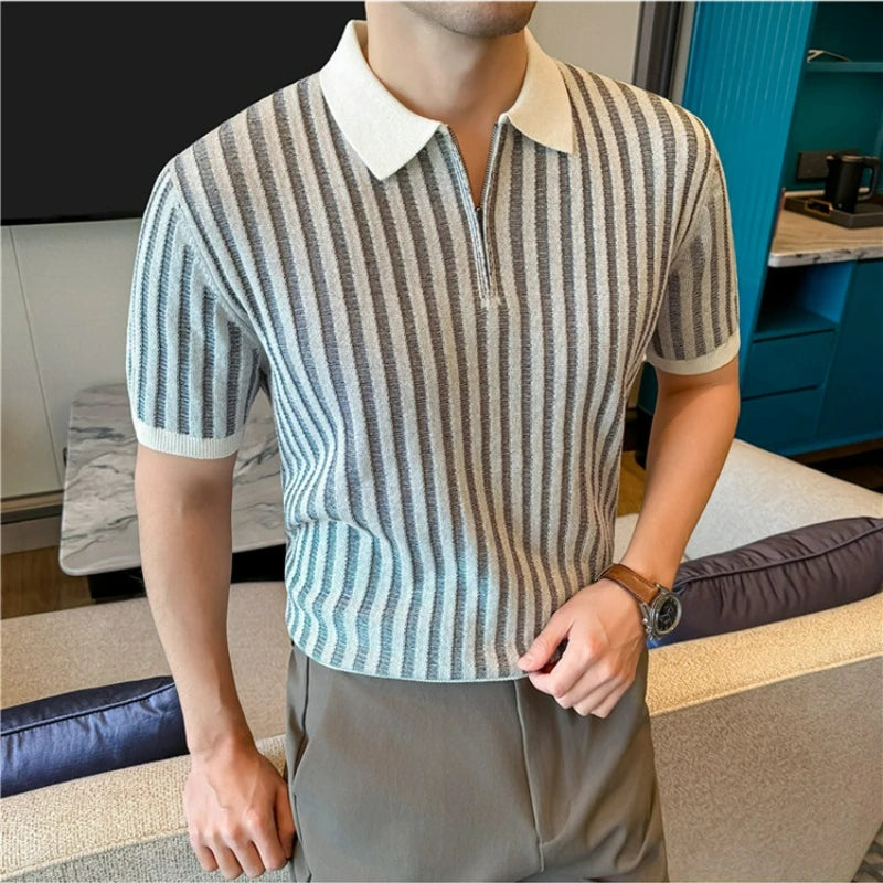 Lyocell Linen Polo Shirt Striped Half Zipper Knitted Short-Sleeved T-shirt T Men's Knitted Short Sleeve Breathable Perspiration