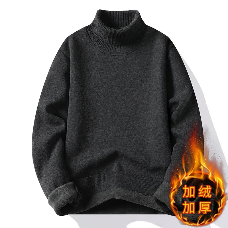 Male Long Sleeve Turtleneck Knit Top Thick Fleece Lining Warm Thermal Pullover Loose Fit Daily Casual Basic Clothes