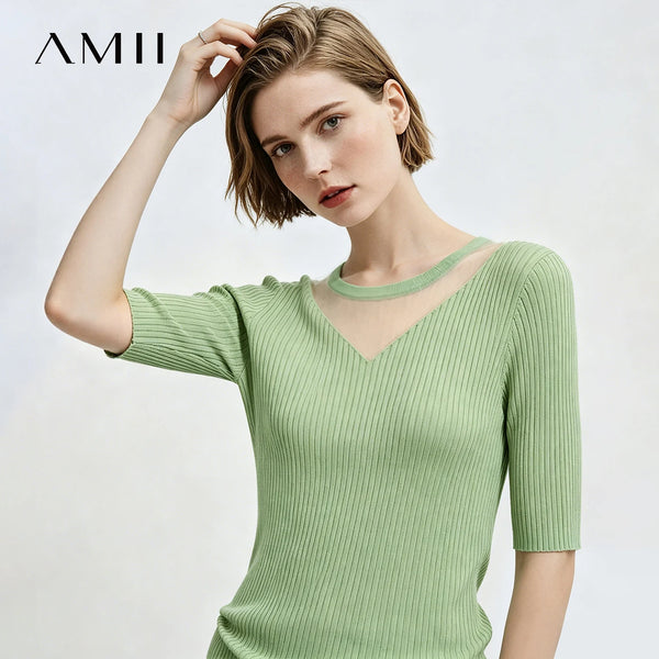Amii Women Soild Knit Pullover Round Neck Sheer Mesh V Panel Top Short Sleeve Slim Fit Casual Sweater 2026 Summer New 12642218