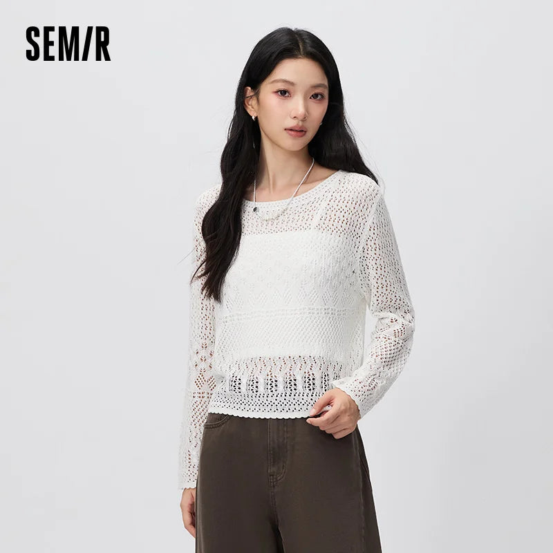 Semir Women Sweater Short Cami Hollow Out White Loose Knit Two Piece Elegant Casual Autumn Top Street Wear 2026