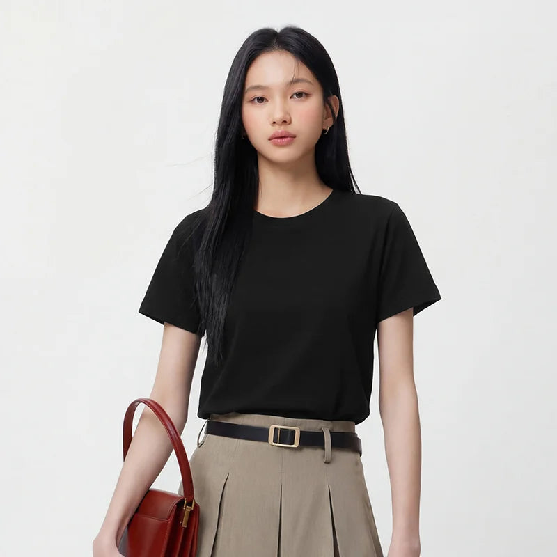 Semir Womens Tshirt 2026 Slim Solid Basic Crew Neck White Fashion Casual Soft Daily Wear