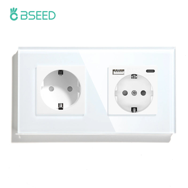 BSEED EU Standard Wall Sockets Single Power Outlets Double Frame Sockets Glass Panel Triple Plug Sockets Kids Protection 16A