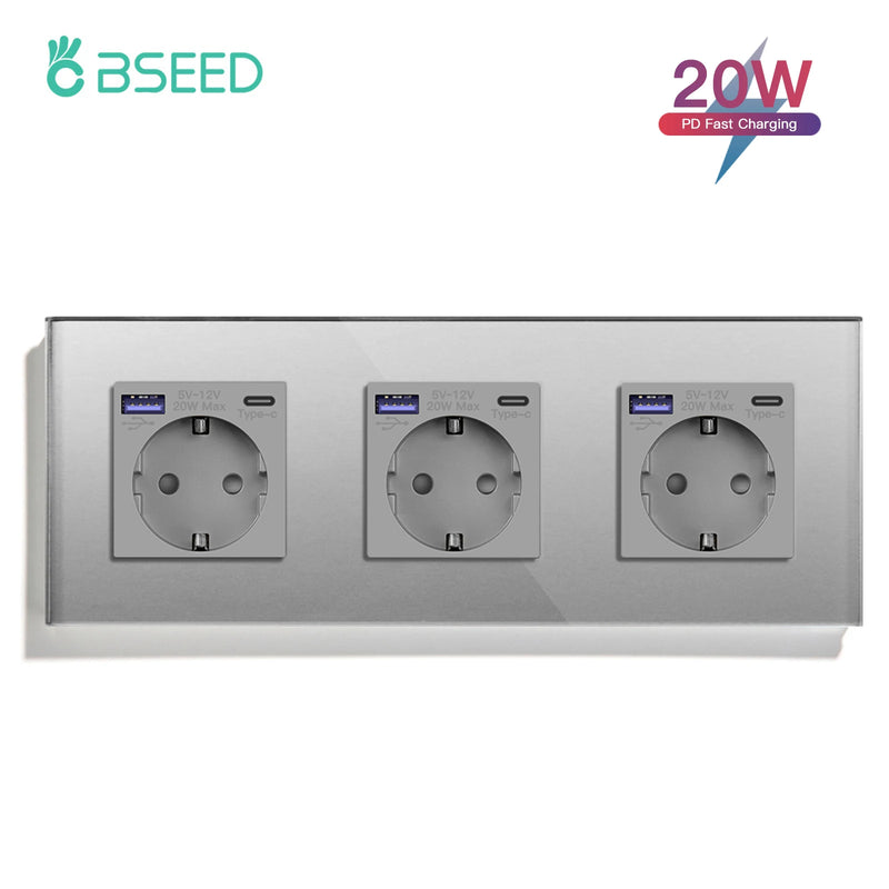 BSEED EU Standard Wall Power Sockets Type-C Interface Outlet USB Fast Charge Port 20W Glass Panel Kids Protection 16A