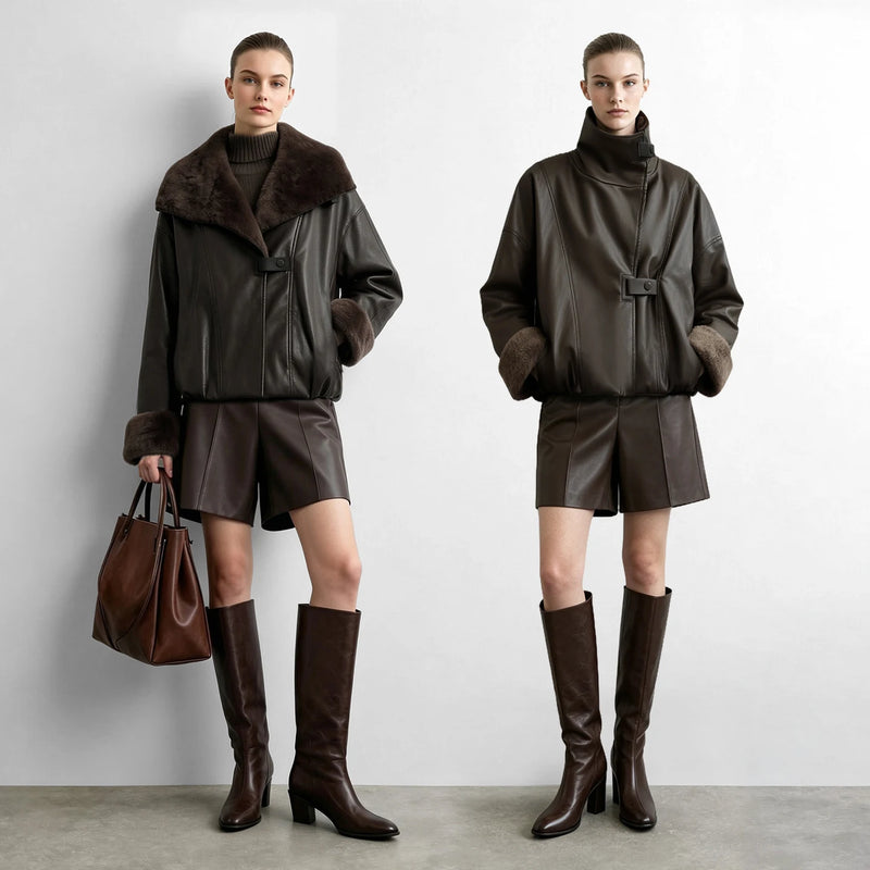 Amii Faux Leather Shearling Collar Jacket Biker Oversized Warm Commuter Minimalist Dark Winter 2026 Women's coat 12644005