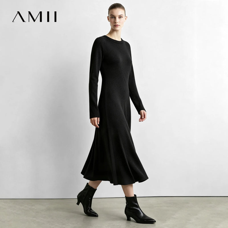 Amii Women's A-Line Midi Knit Dress Long Sleeve Crew Neck Slim Fit Minimalist Commuter Autumn Elegant Dresses for Women 12623023