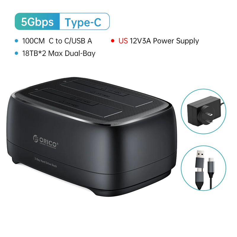 ORICO Dual-bay Hard Drive Station USB3.0 5Gbps Type-C HDD Docking Station  with 12V 3A Power Adapter  for 2.5/3.5 Inch HDD/SSD