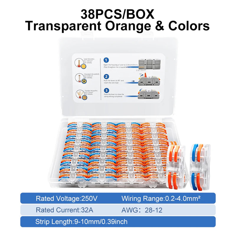 TOMZN YL222 Lever Wire Connectors 38PCS 2In 2Out Quick Splicing Terminal Blocks 32A 250V for 28-12AWG Universal Wire Joiner Kit