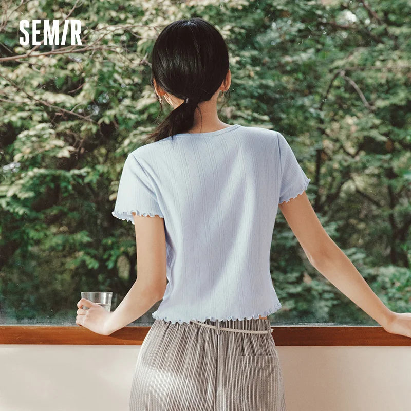 Semir Womens Tshirt 2026 Short Hollow Jacquard Texture Slim Pure Cotton Ruffle Edge Casual