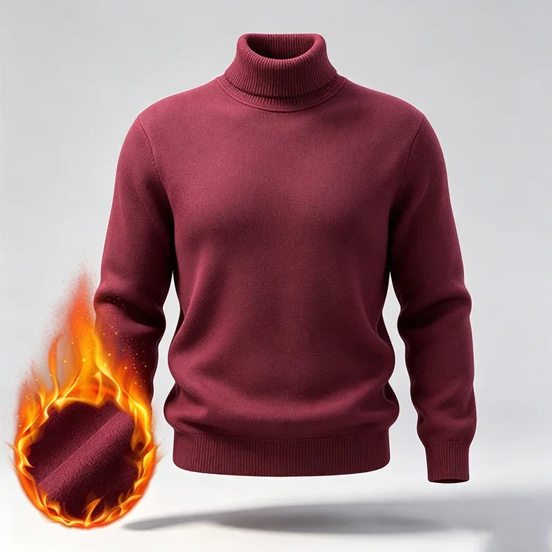 Men Fleece Lined Turtleneck Knit Sweater Ribbed Cuff Thermal Pullover For Winter Urban Daily Commute And Street Casual Outfits
