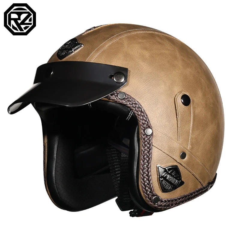 High quality PU leather retro 3/4 motorcycle helmet, suitable for scooters, cruising motorcycles, and half helmets
