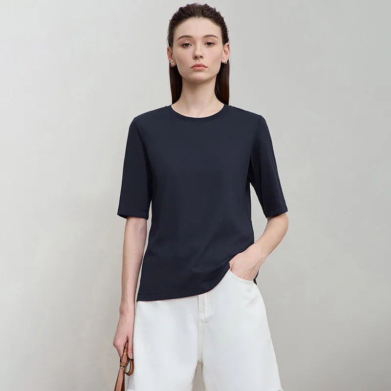 AMII Minimalism 2026 Summer T-shirts For Women New Cotton Stretch Half Sleeve Straight Solid Basics Office Lady Tops 12522172