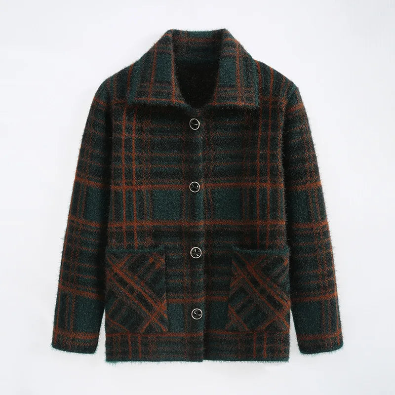 Fdfklak អាវយឺតរដូវស្លឹកឈើជ្រុះរដូវរងាសម្រាប់ស្ត្រី អាវក្រៅ Cardigan Lapel Plaid អាវធំដៃវែងក្រាស់សម្រាប់ម្តាយវ័យកណ្តាល XL-4XL