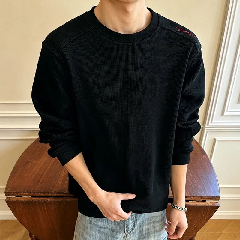 Men Basic Waffle Knit Round Neck Shirt Raglan Long Sleeve Shoulder Embroidery Oversized Fit Male Casual Top