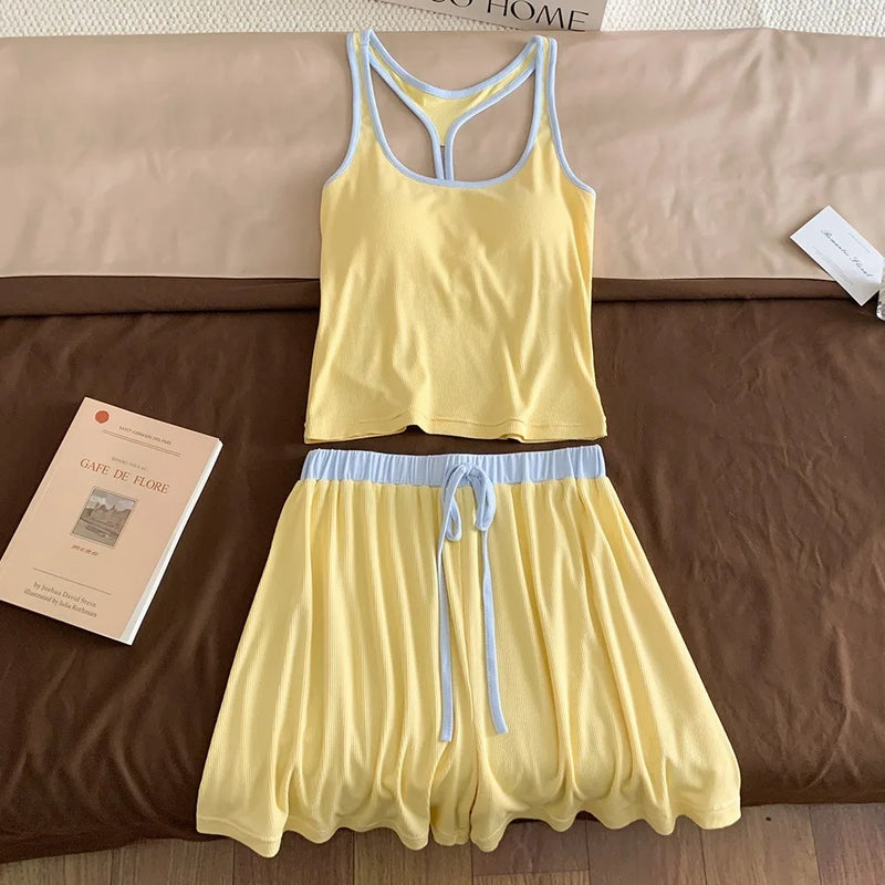 2 Piece Sleeveless Tops and Shorts Lounge Sets Chest Pad Women's Pajama Set Summer Home Clothing Pijama Sleepwear Suit Homewear