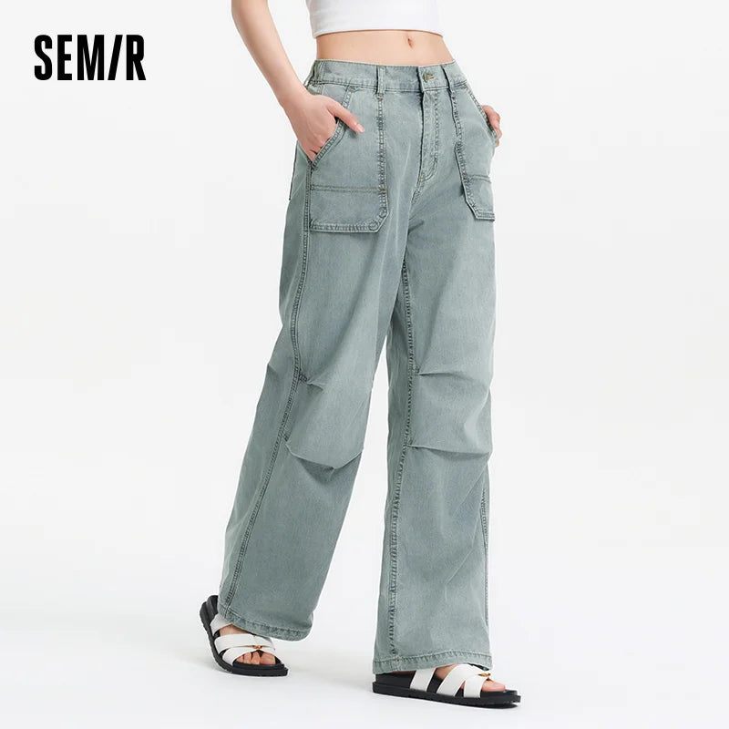 Semir Women Pants Denim Drawstring Cool Feeling Loose Workwear American Street Style Cool Wide Leg 2026 Summer Fashion Top