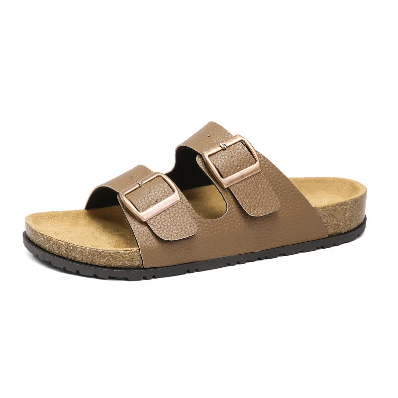Men's Adjustable Double Buckle Cork Footbed Slide Sandals Casual Leather Open Toe Flat Slip on Summer Walking Beach Slide Shoes