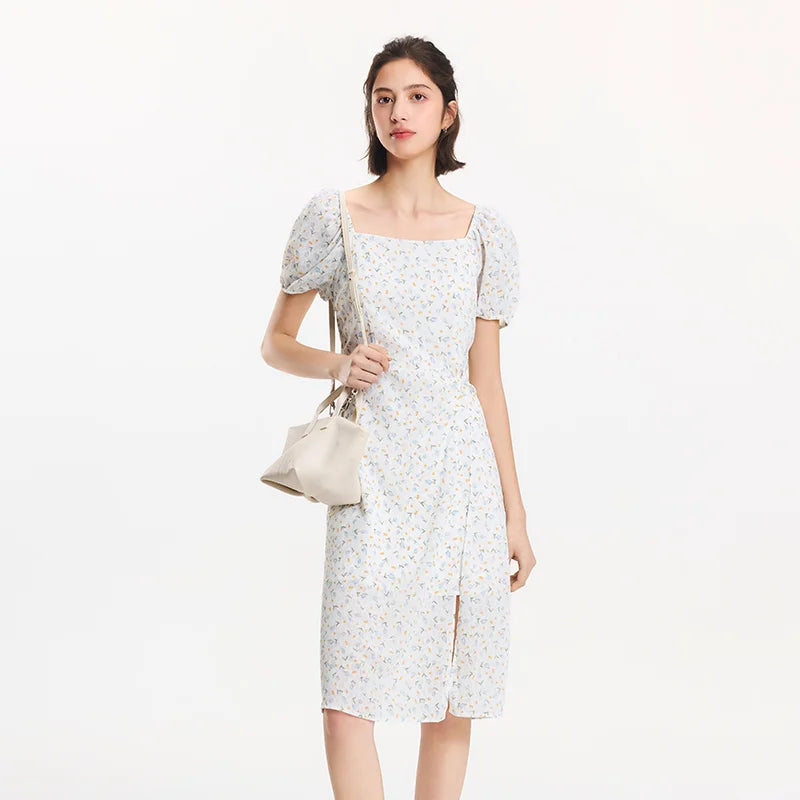 Semir Dress Women Puff Sleeve Romantic Playful Girly Summer French Square Neck Twist Split Chiffon Floral Dress