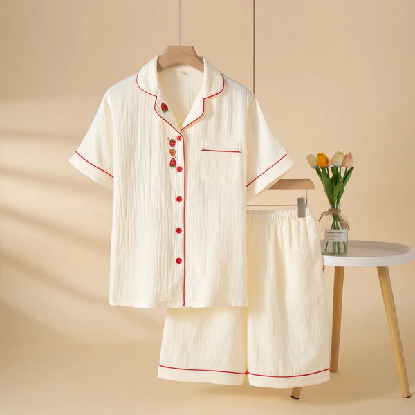 100% Cotton Pajamas for Woman Nightwear Cardigan Lapel Short Sleeve Top Two Piece Loungewear Sleepwear Women's Cotton Pijama