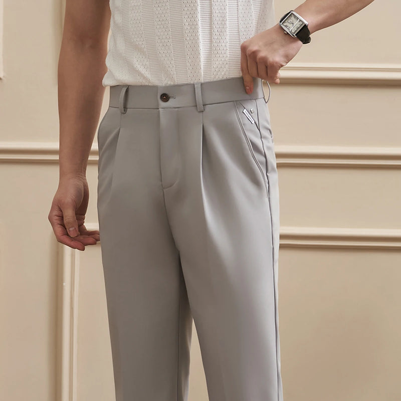 High Quality Men's Business Casual Slim-Fitting Suit Pants, Classic Solid Color Straight Work Trousers