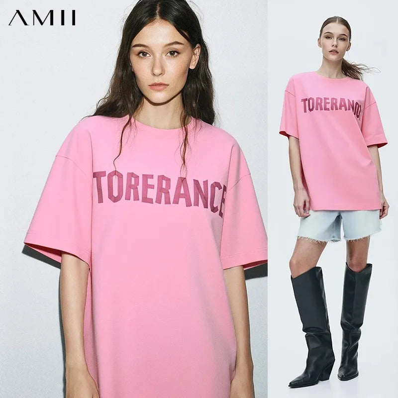 Amii Short Sleeve T-shirt 2026 Summer New Round Neck Letter Printted Cotton T-shirt Women's Loose Casual Tee Tops 12621088