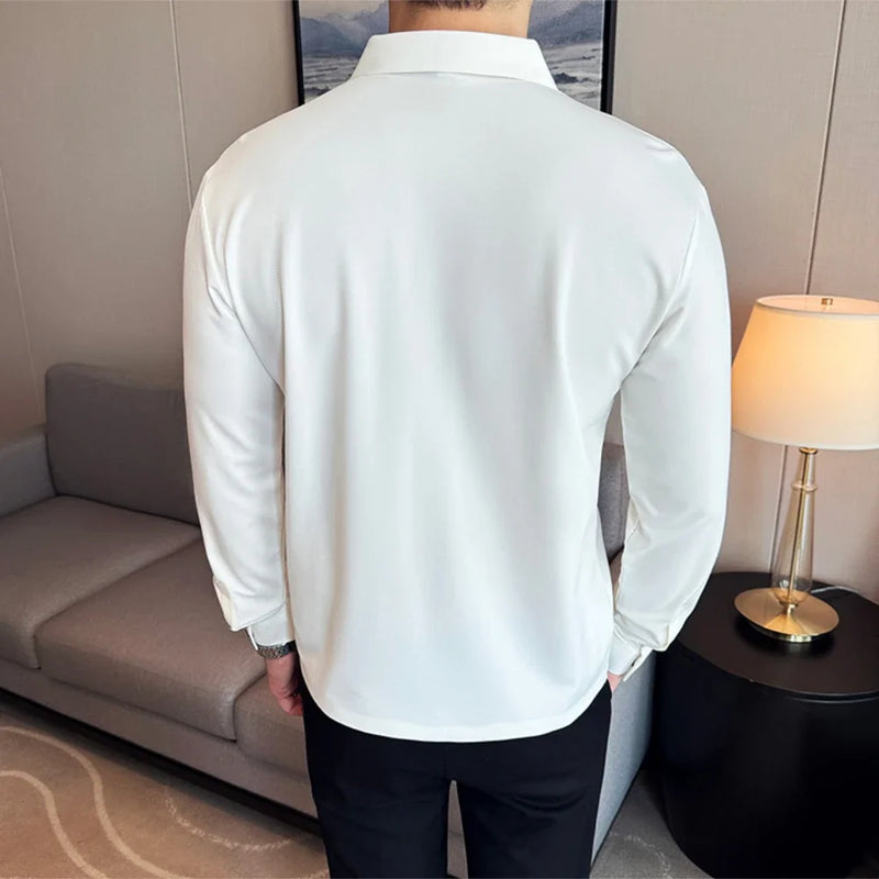 Men's Special V-neck Long-Sleeved Polo Shirt, High-Grade Elasticity Traceless Lapel T-shirt, Brown Blouse Collar Slim-Fit Top