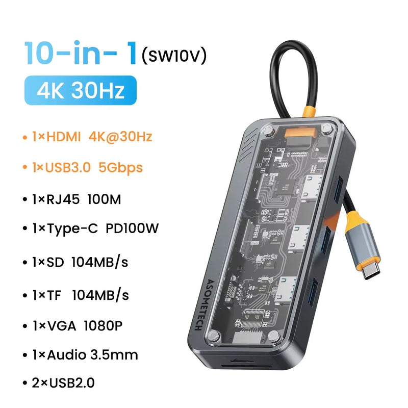 ស្ថានីយ៍ចត USB C HUB 10 ក្នុង 1 ប្រភេទ C ទៅ HDMI-compatible Hub Usb 3.0 អាដាប់ទ័រ PD 100W សម្រាប់សាកថ្មលឿន Macbook PC Laptop Tablet
