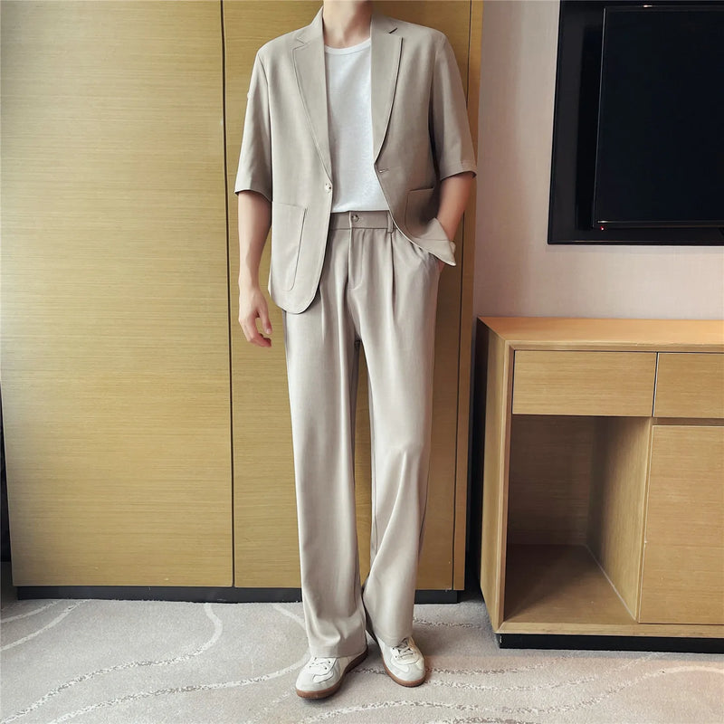 Men's Imitation Linen Short-Sleeve Suit Set – Lightweight Blazer & Wide-Leg Trousers for Summer Business & Casual Wear