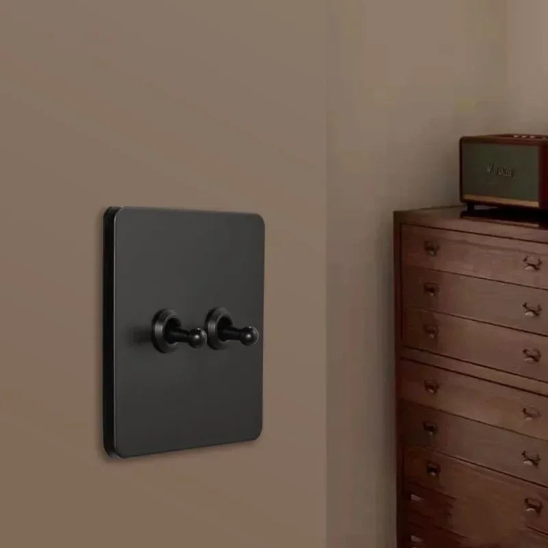 Black Vintage Toggle EU FR Lamp Switch Socket,Retro Brass Lever Light Switch Univeral Stainless Steel Dual Wall Socket With USB