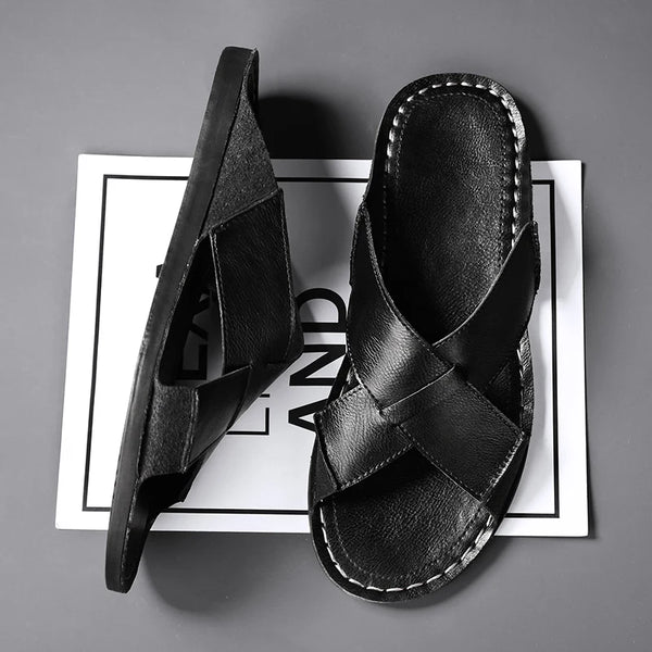 Men Cross Strap Leather Slide Sandals Open Toe Flat Slippers Male Non Slip Rubber Sole Summer Casual Outdoor Beach Shoes Vintage