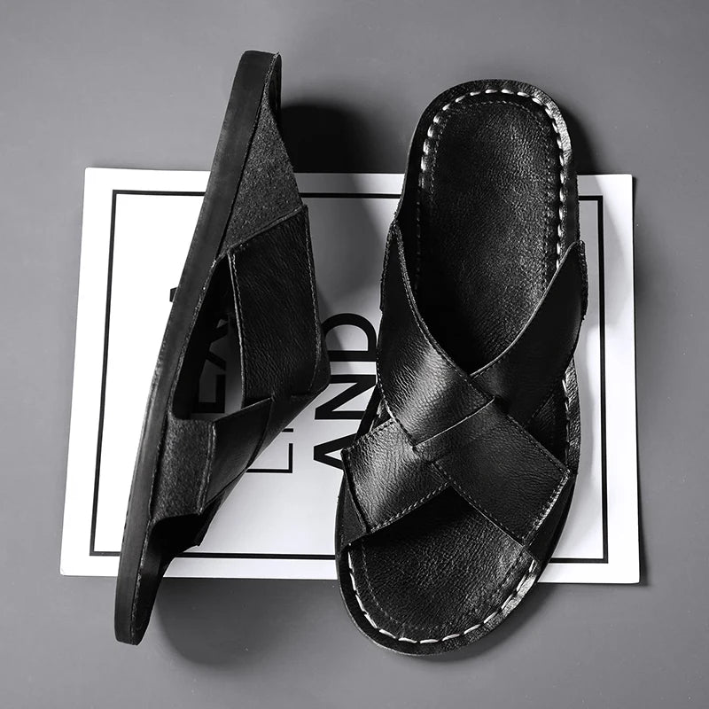 Men Cross Strap Leather Slide Sandals Open Toe Flat Slippers Male Non Slip Rubber Sole Summer Casual Outdoor Beach Shoes Vintage
