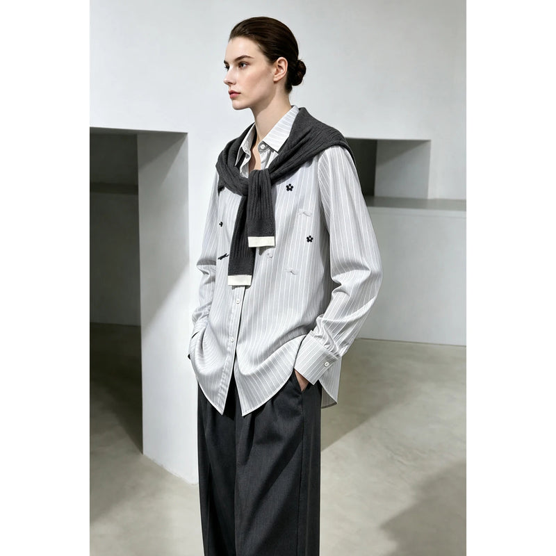 Amii Women Lapel Striped Shirt Long Sleeve Blouse Beaded Office Lady Shirts Casual Minimalist Commuter Autumn New Tops 12653003