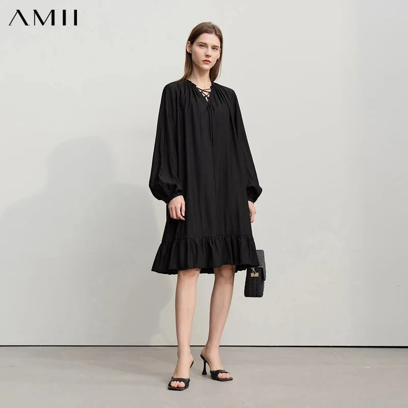 Amii Midi Dresses 2026 Autumn New Solid Color Vacation Style V-neck Lace-up Long Sleeve Loose Pleated Female Dresses 12641046
