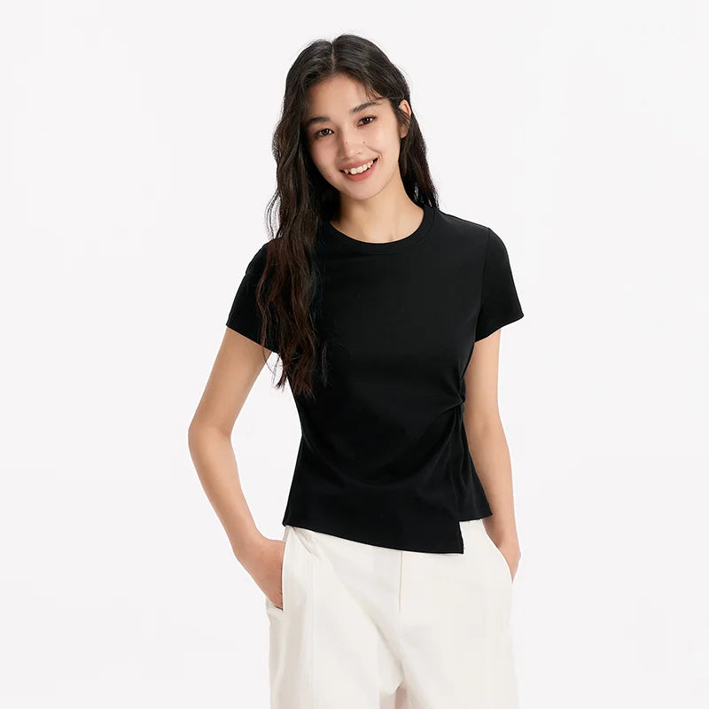 Semir Womens Tshirt 2026 Short Style Solid Slim Regular Shoulder Knot Asymmetric Design Casual Soft