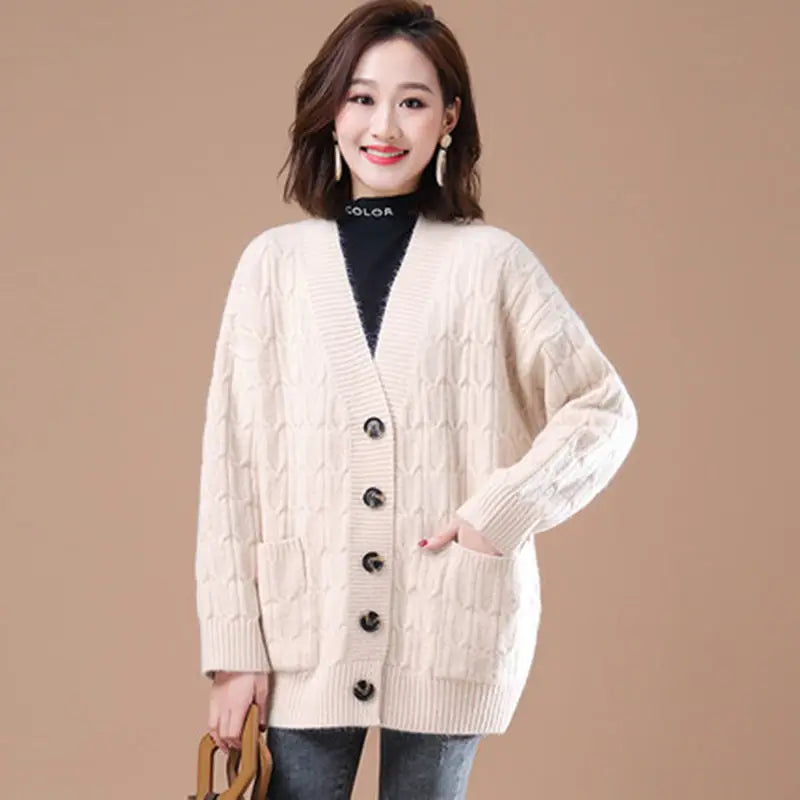 Spring Autumn New Korean Fried Dough Twist Cardigan Coat Women Fashion Loose Sweater V Neck Knitwears Long Sleeve Tops