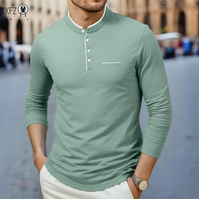 Men's Korean Style Business Casual Long Sleeve T-Shirt Three Button Stand-up Collar Comfortable Versatile Top for Men