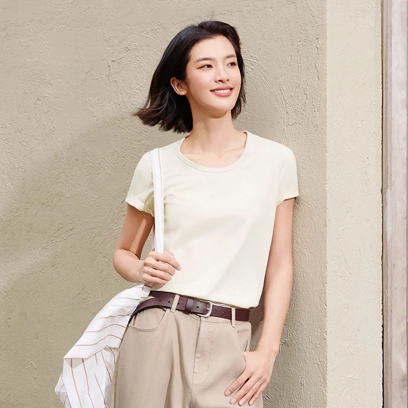 Semir Slim Fit Tshirt Women Summer Solid Color Basic Crew Neck White Cool Touch Casual Comfortable Fashion Slim Top