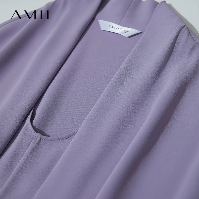 រ៉ូប AMII Minimalist Office Lady រាងផ្នត់ រដូវក្តៅ ឆ្នាំ២០២៥ ចង្កេះរលុង អាវក្រណាត់ Chiffon សម្រាប់នារី ដៃអាវធម្មតា ពណ៌ស រ៉ូប Midi 12522140