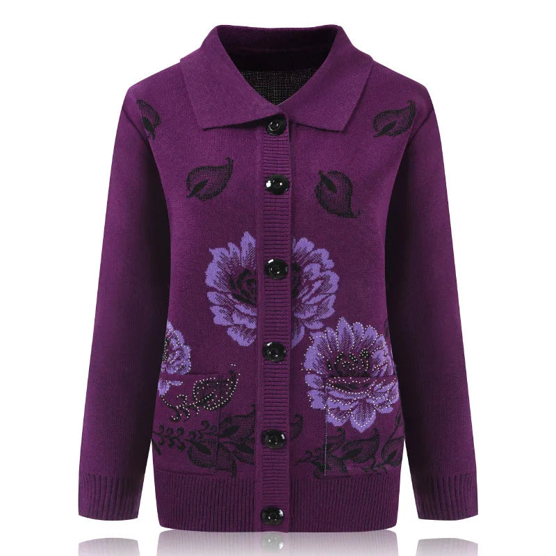 50-80 Years Old Spring Autumn Lapel Middle-Aged Elderly Mother Sweater Loose Embroidered Knitted Cardigan Top Women Jacket