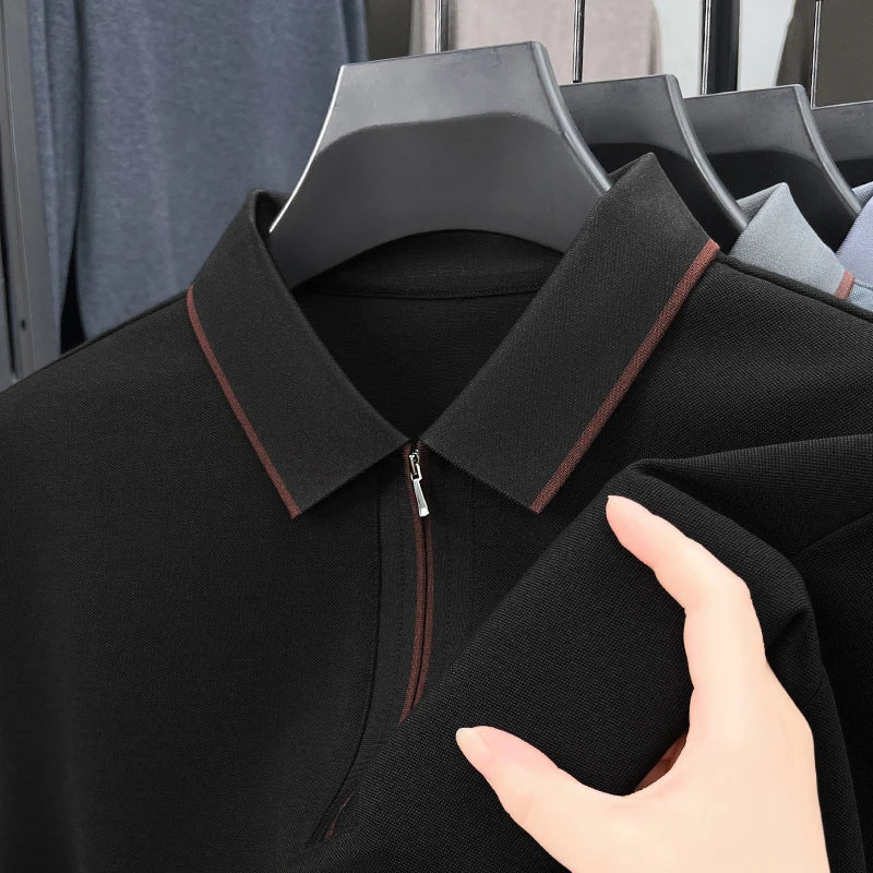 Men's Premium Long-Sleeve Polo Shirt Silk & Wool-Blend Fabric Breathable & Soft -4 Color Options -Upgraded Comfort Design