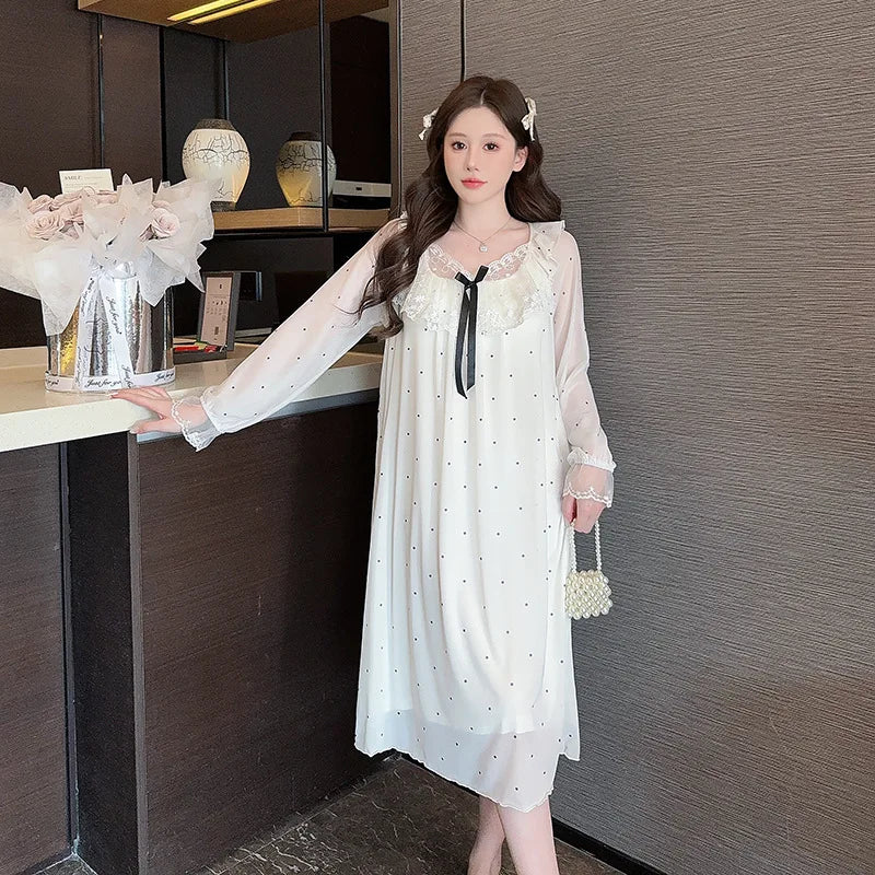 Spring Summer Long Sleeved Night Dress Woman Modal Lace Mesh Princess Nightgown Sleepwear Women's Nightie Korean Sleep Shirts