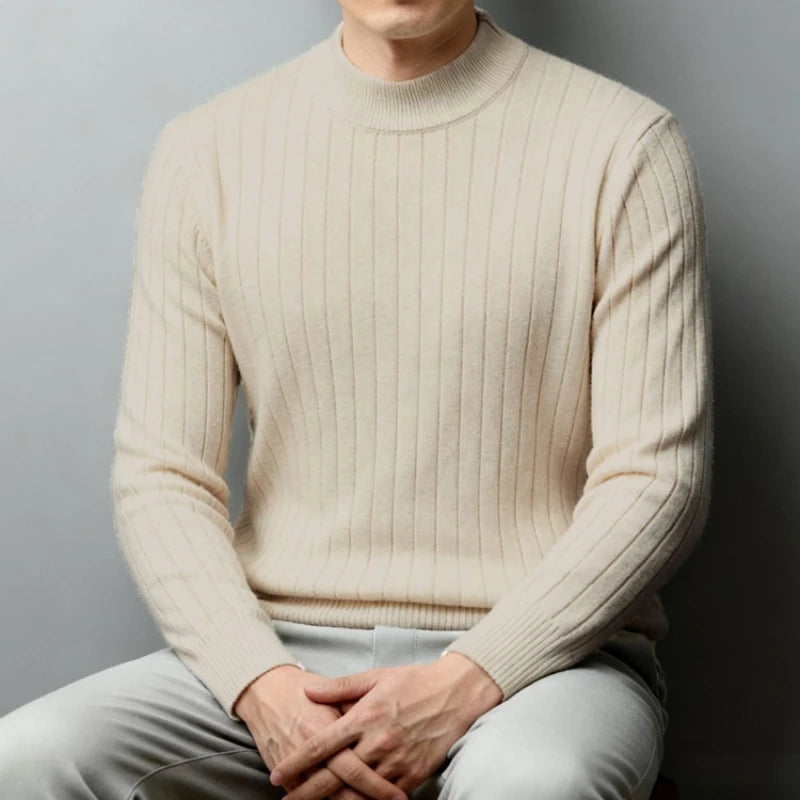 Men's Semi-High Neck Knit Sweater, 500g Wool-Like Texture, Anti-Pilling, Quiet Luxury Style Beige Gray Brown