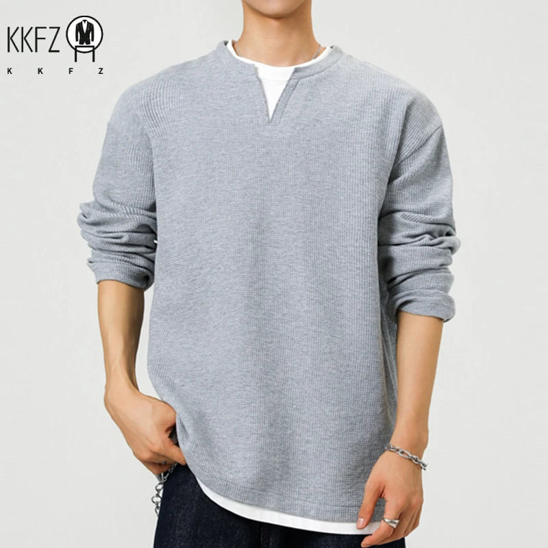 Youth Casual Fake Two Piece Top For Males Notch Collar Long Sleeve Waffle Weave Fabric Travel Friendly Clothing