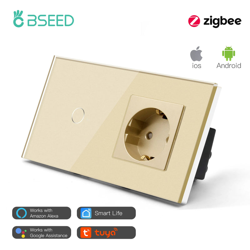 BSEED Zigbee Switch 1/2/3Gang Smart Sensor Switch Tuya Smart Life Control No Neutral Line With Normal EU Wall Socket