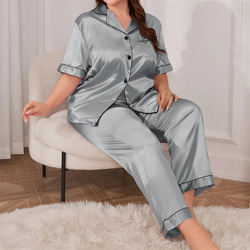 Summer Fashionable Women Silk Sleepwear Set Personalized Satin Casual Thin Loose Tops Long Pants Home Wear Pajamas For Women