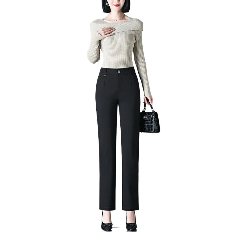 Asian Size Black Women's Elastic Waist Trousers, Fashion Casual Pants, Khaki High Stretch Pant, 27, 28, 29, 30, 31, 32, 33, 34