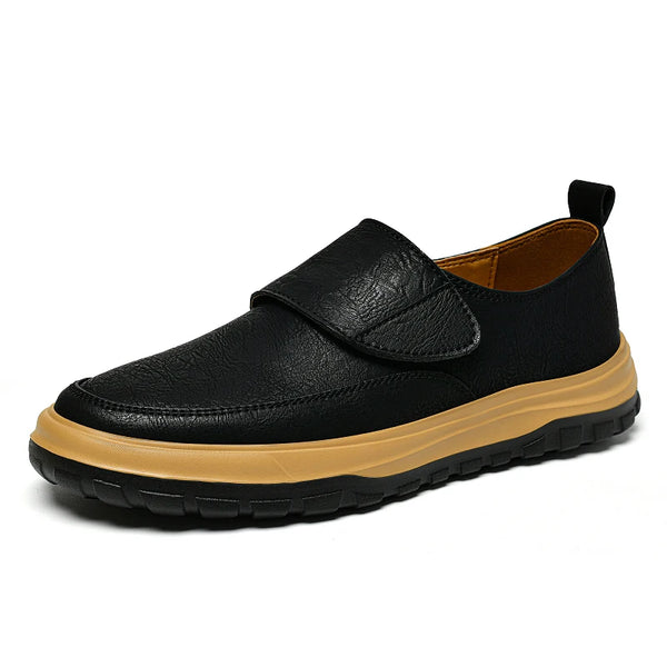 Men's Slip-On Casual Leather Loafers, Natural Leather Upper, Hook and Loop Strap, Black