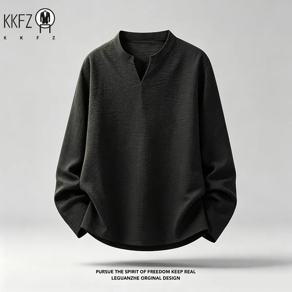 Mens Casual Loose Long Sleeve Top Mandarin Stand Collar V Notch Neck Linen Woven Breathable Fabric Wear