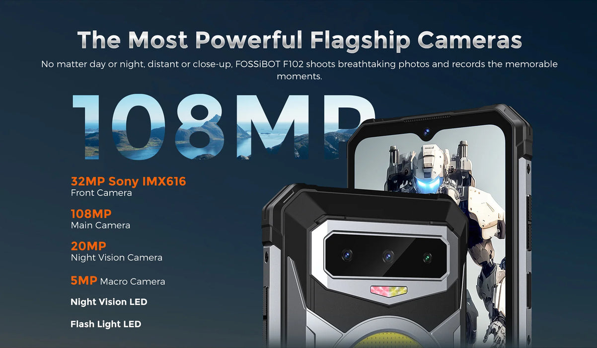 Fossibot F102 Rugged Smartphone Helio G99 Android Cell Phone 20GB+256GB 16500mAh Camping Light IP68 Waterproof Mobile Phone NFC